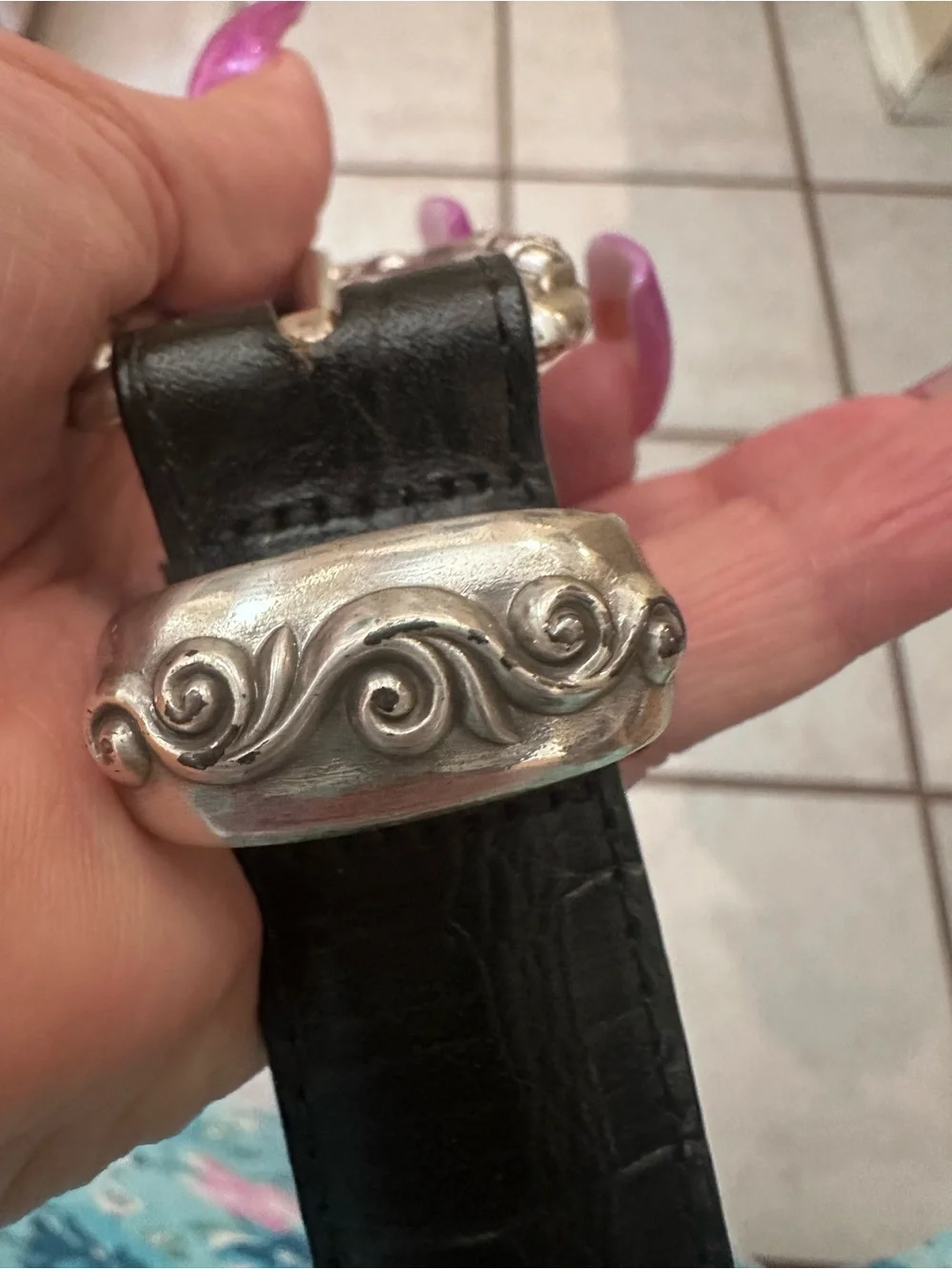 Brighton Vintage Black Leather Belt with Ornate Silver-Tone Buckle